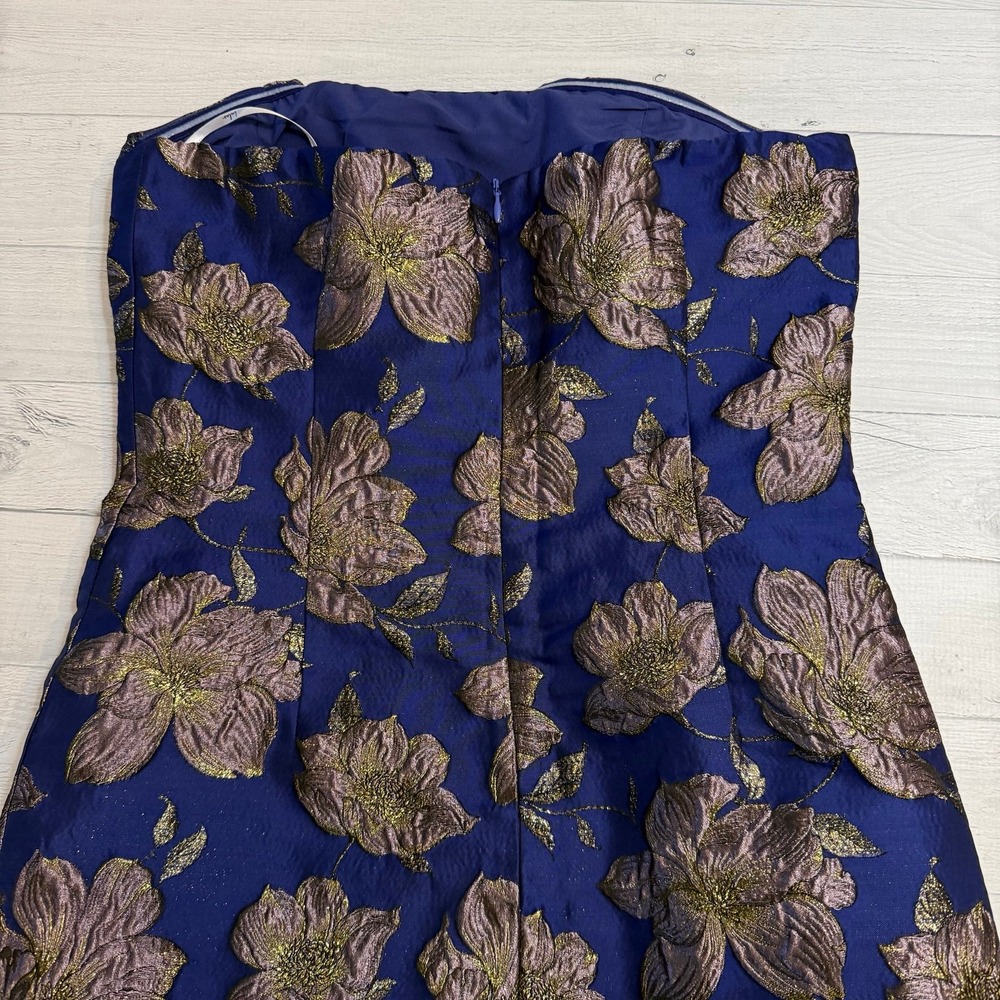 Lulu's Navy Blue Strapless Midi Dress with Metallic Floral Brocade - Picture 8 of 12